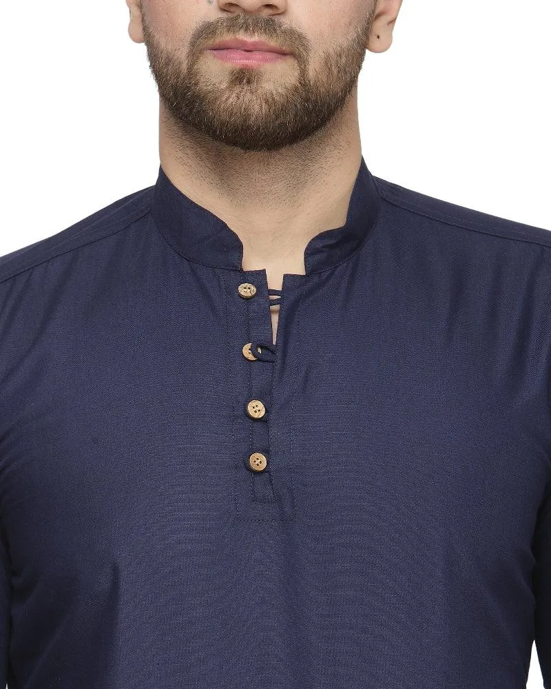 Men's Cotton Blend Navy Blue Asymmetric Short Kurta - Benstoke