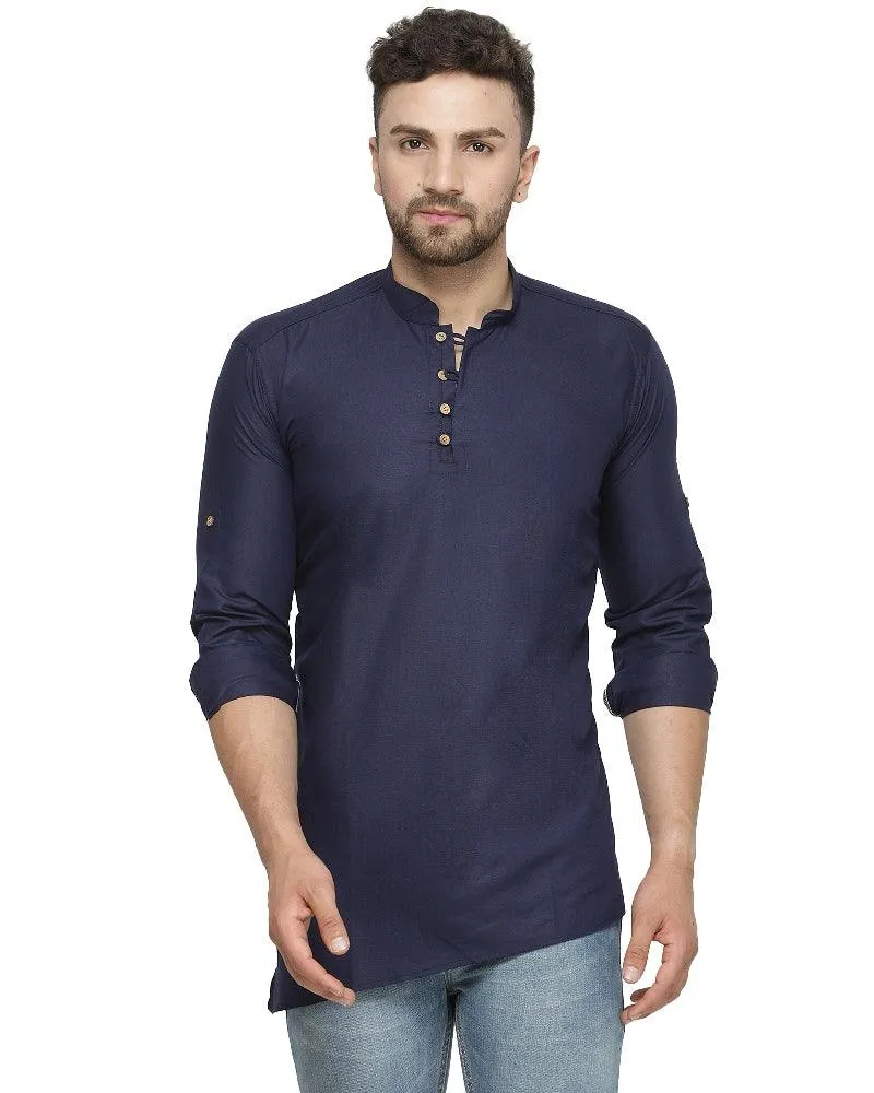 Men's Cotton Blend Navy Blue Asymmetric Short Kurta - Benstoke