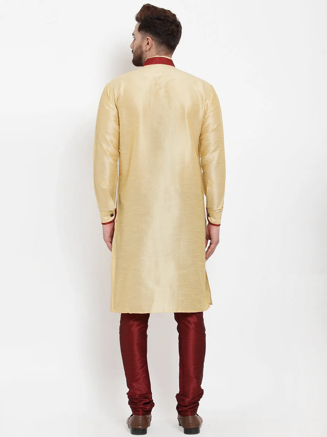 Men's Gold Solid Kurta With Maroon Churidaar Pyjama Set - Benstoke