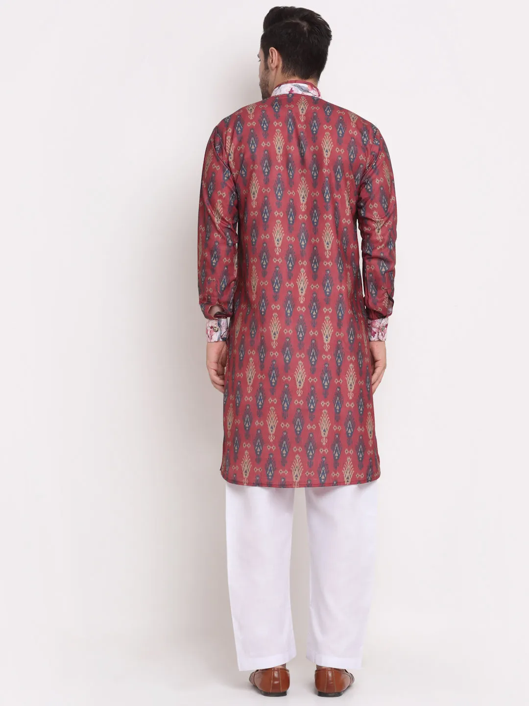 Men's Maroon & Navy Blue Printed Kurta With White Pyjamas Set - Benstoke