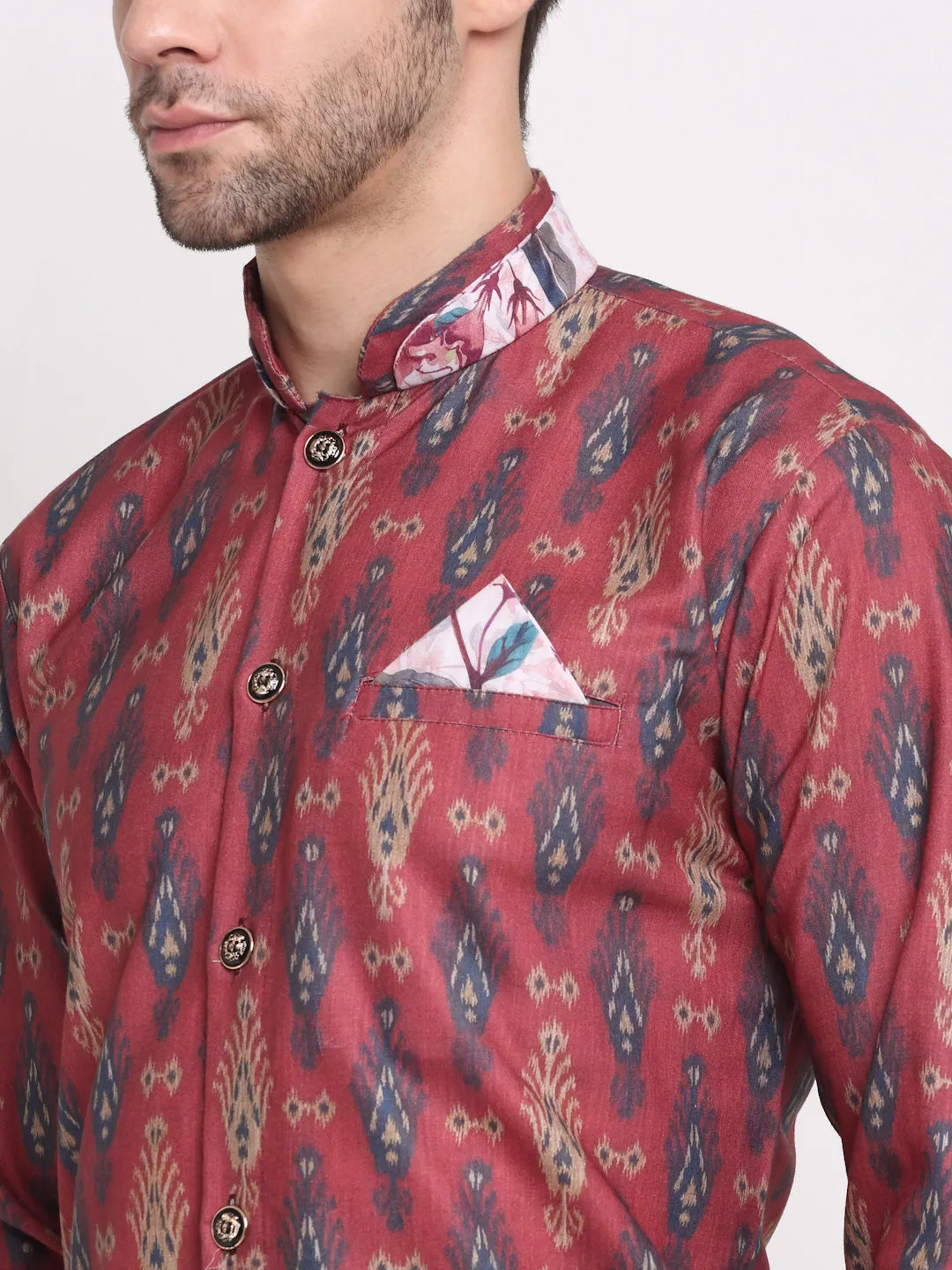 Men's Maroon & Navy Blue Printed Kurta With White Pyjamas Set - Benstoke