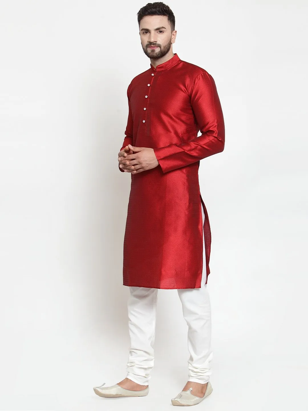 Men's Maroon & White Self Design Kurta Only ( KO 589 Maroon ) - Virat Fashions