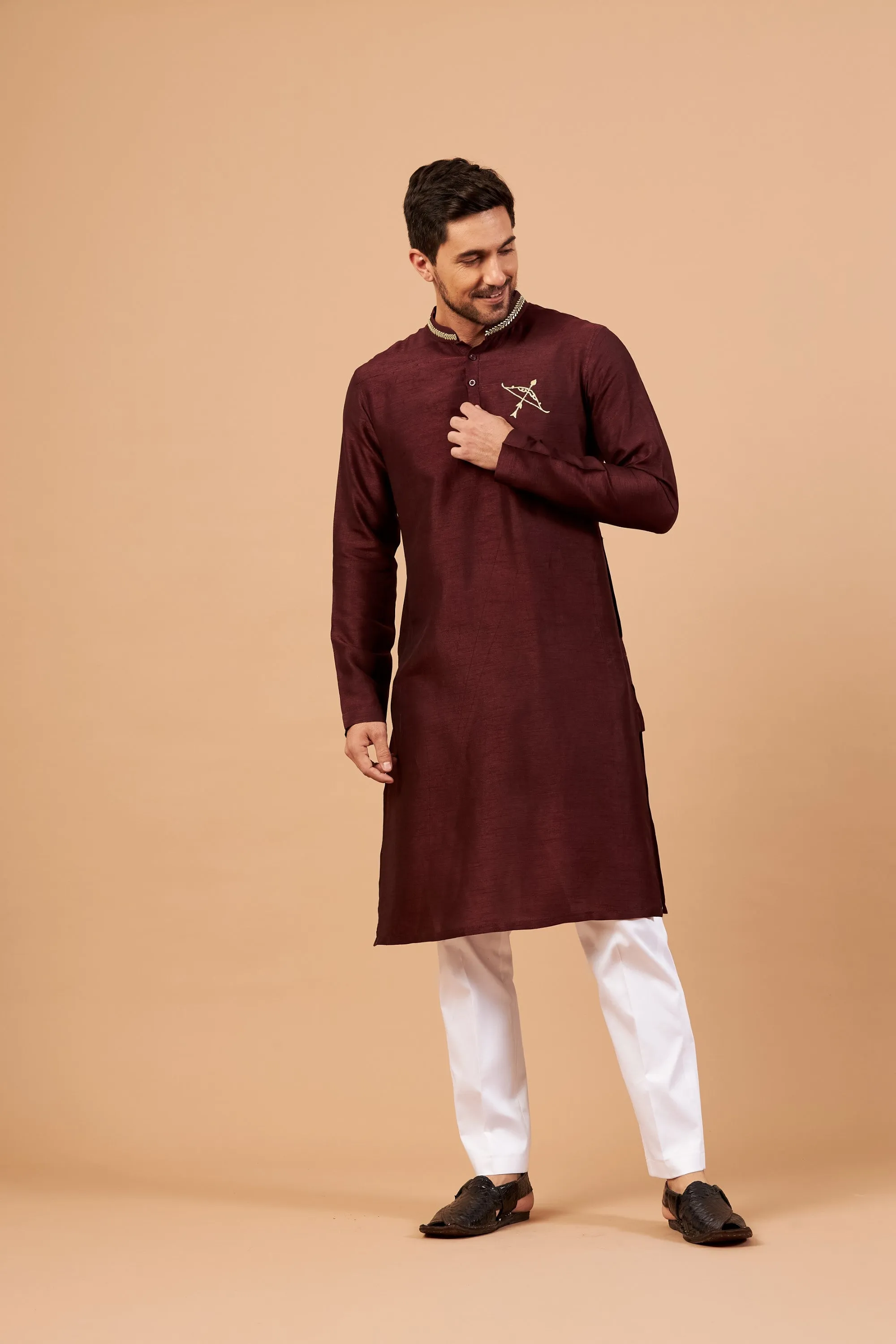 Men's Maroon Color Adira Gold Zari Embroidered Kurta Semi Raw Silk Mix - Hilo Design