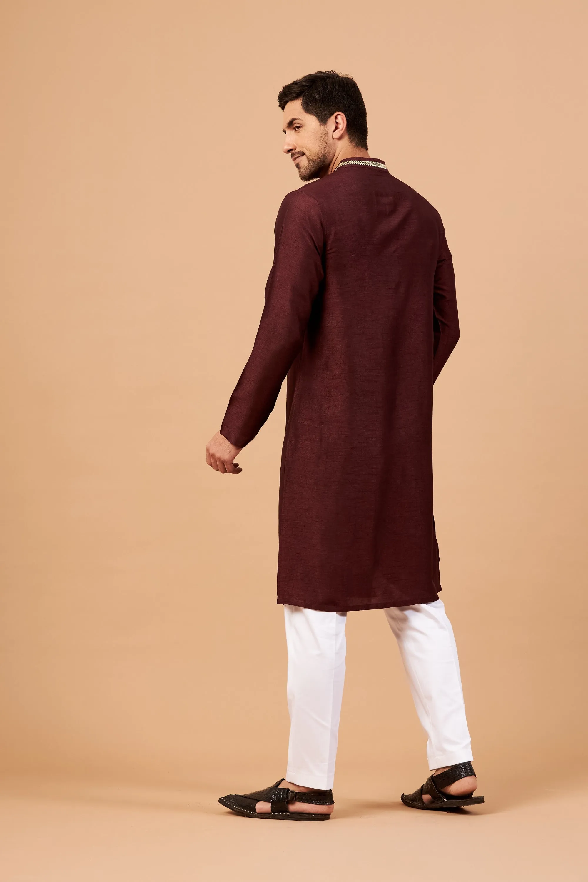 Men's Maroon Color Adira Gold Zari Embroidered Kurta Semi Raw Silk Mix - Hilo Design