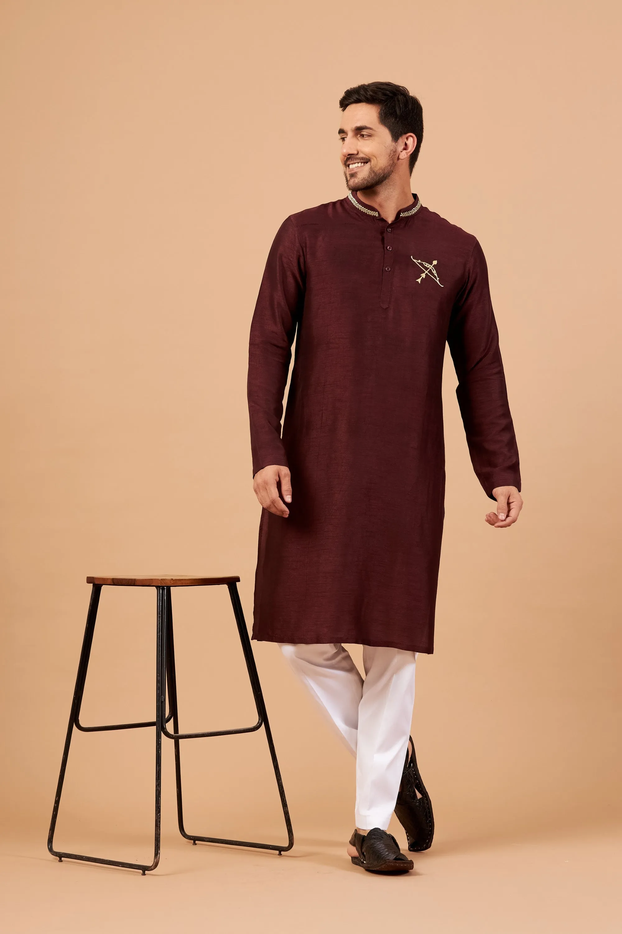 Men's Maroon Color Adira Gold Zari Embroidered Kurta Semi Raw Silk Mix - Hilo Design