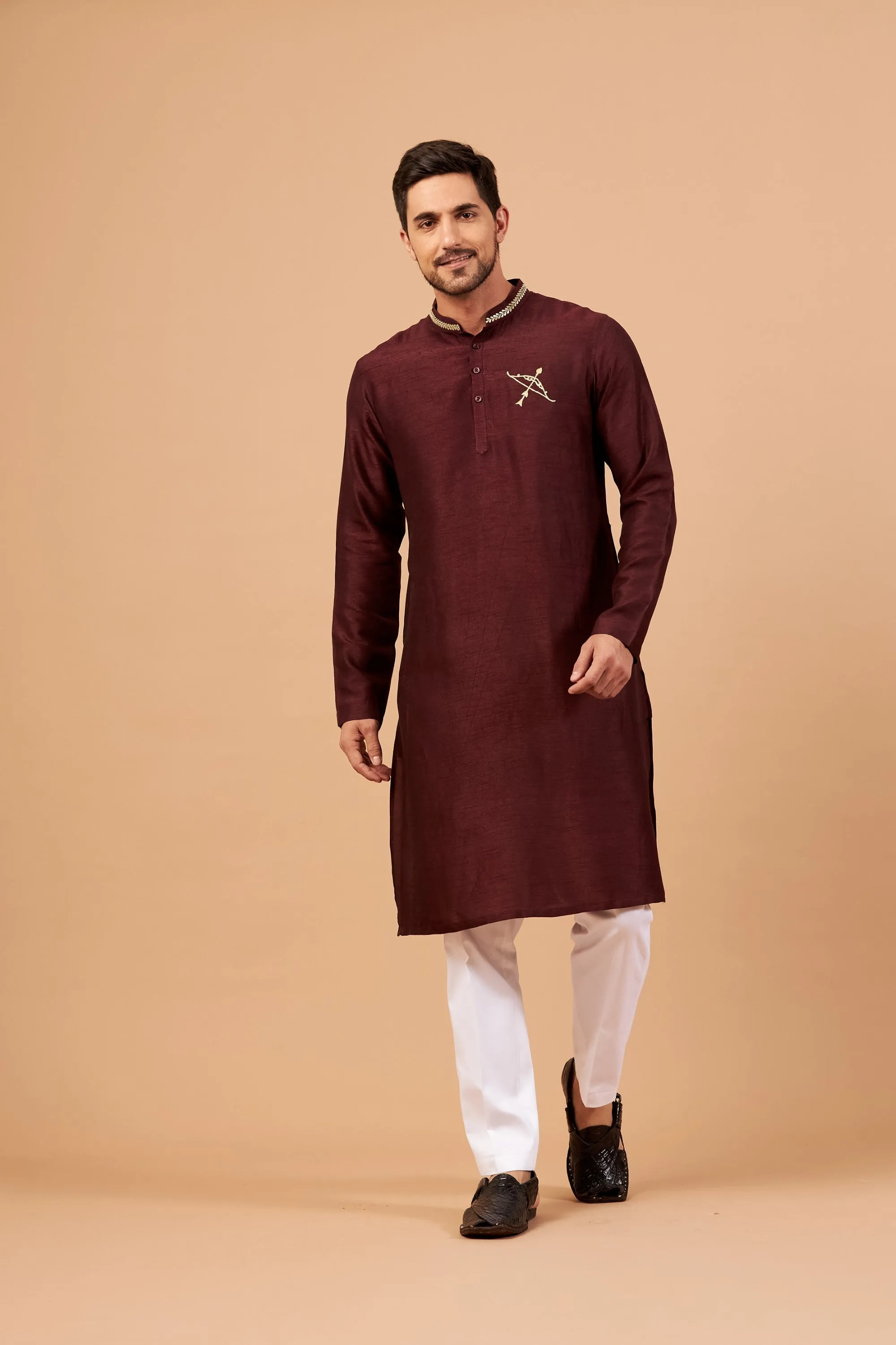 Men's Maroon Color Adira Gold Zari Embroidered Kurta Semi Raw Silk Mix - Hilo Design