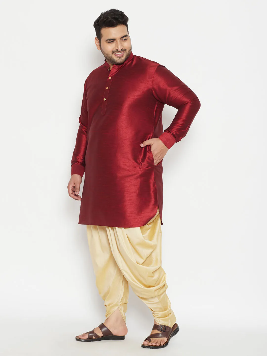 Men's Plus Maroon And Gold Silk Blend Kurta And Dhoti Set - Vastramay