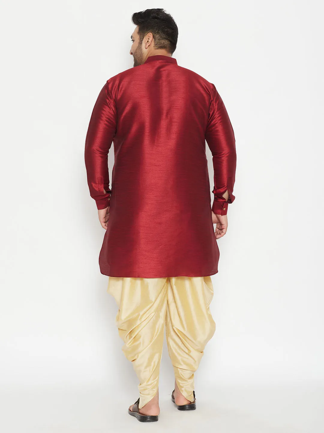 Men's Plus Maroon And Gold Silk Blend Kurta And Dhoti Set - Vastramay