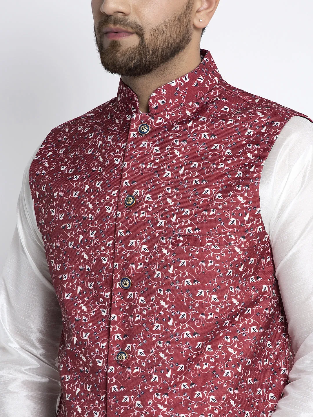 Men's Silk Blend White Kurta With Pyjama & Maroon Printed Nehru Jacket - Benstoke