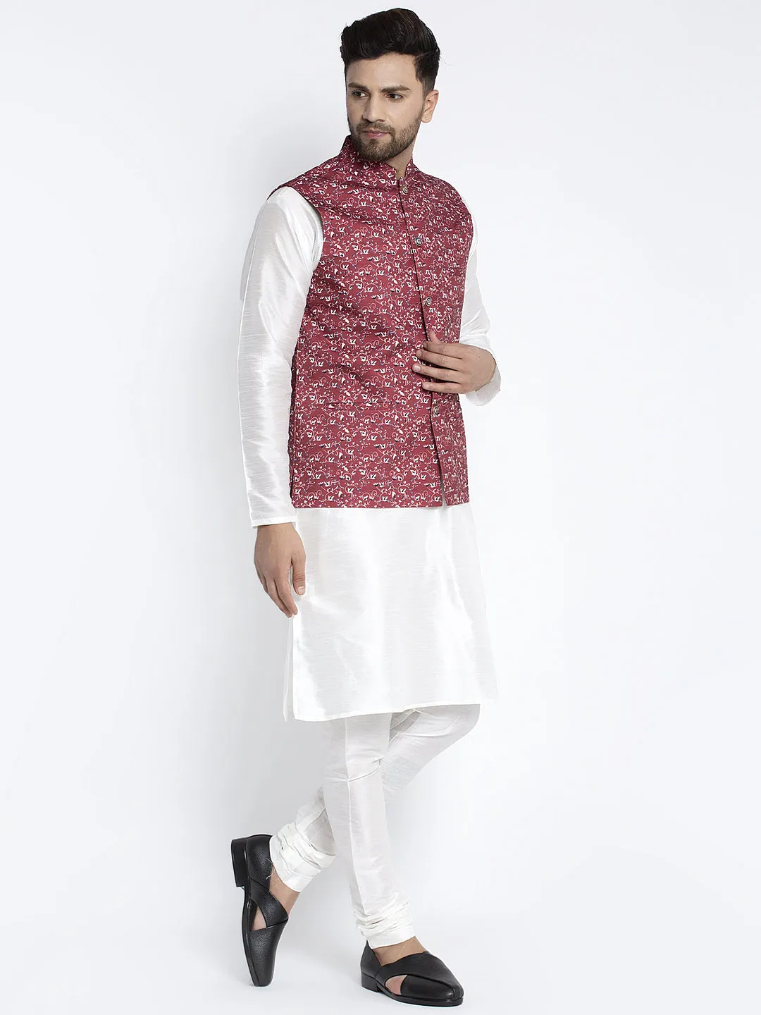 Men's Silk Blend White Kurta With Pyjama & Maroon Printed Nehru Jacket - Benstoke