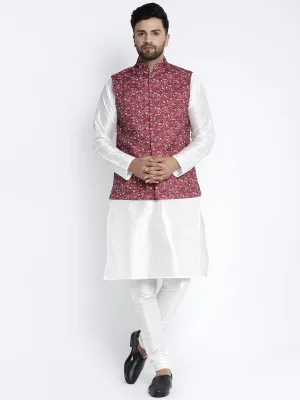 Men's Silk Blend White Kurta With Pyjama & Maroon Printed Nehru Jacket - Benstoke