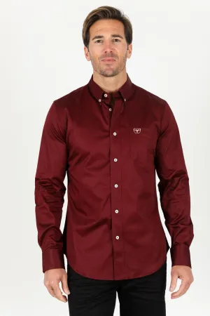 Men’s Single Pocket Logo Modern Fit Stretch Dress Shirt - Burgundy