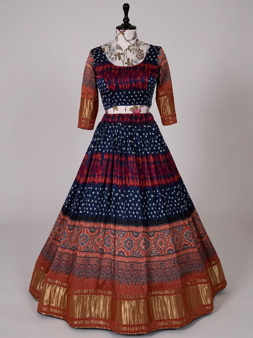 Navy Blue Color Bandhani Printed Pure Gaji Silk Ghaghra Choli