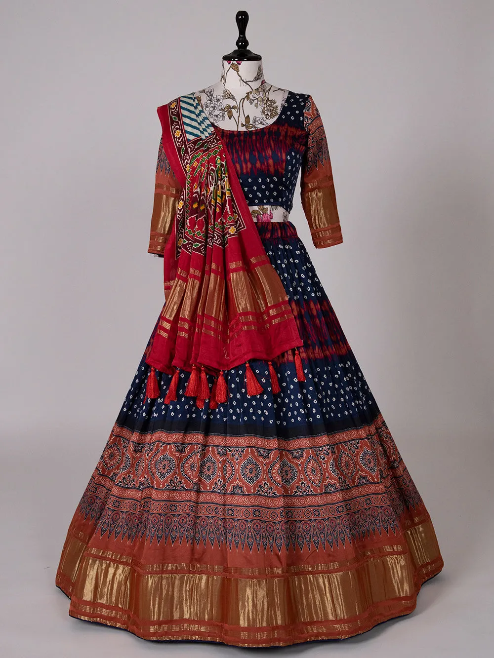 Navy Blue Color Bandhani Printed Pure Gaji Silk Ghaghra Choli