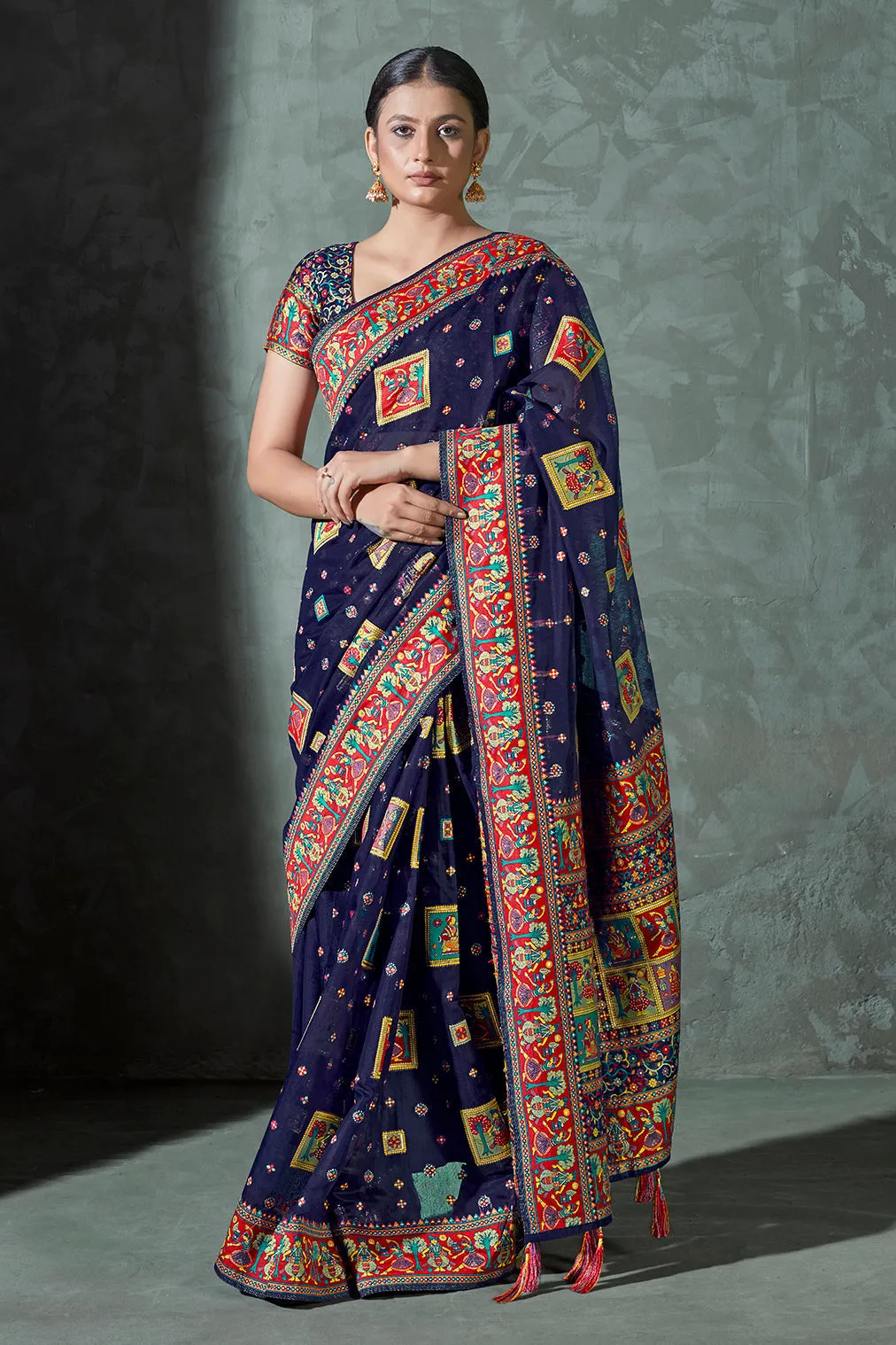 Navy Blue Color Cotton Work Silk Zari Work Saree