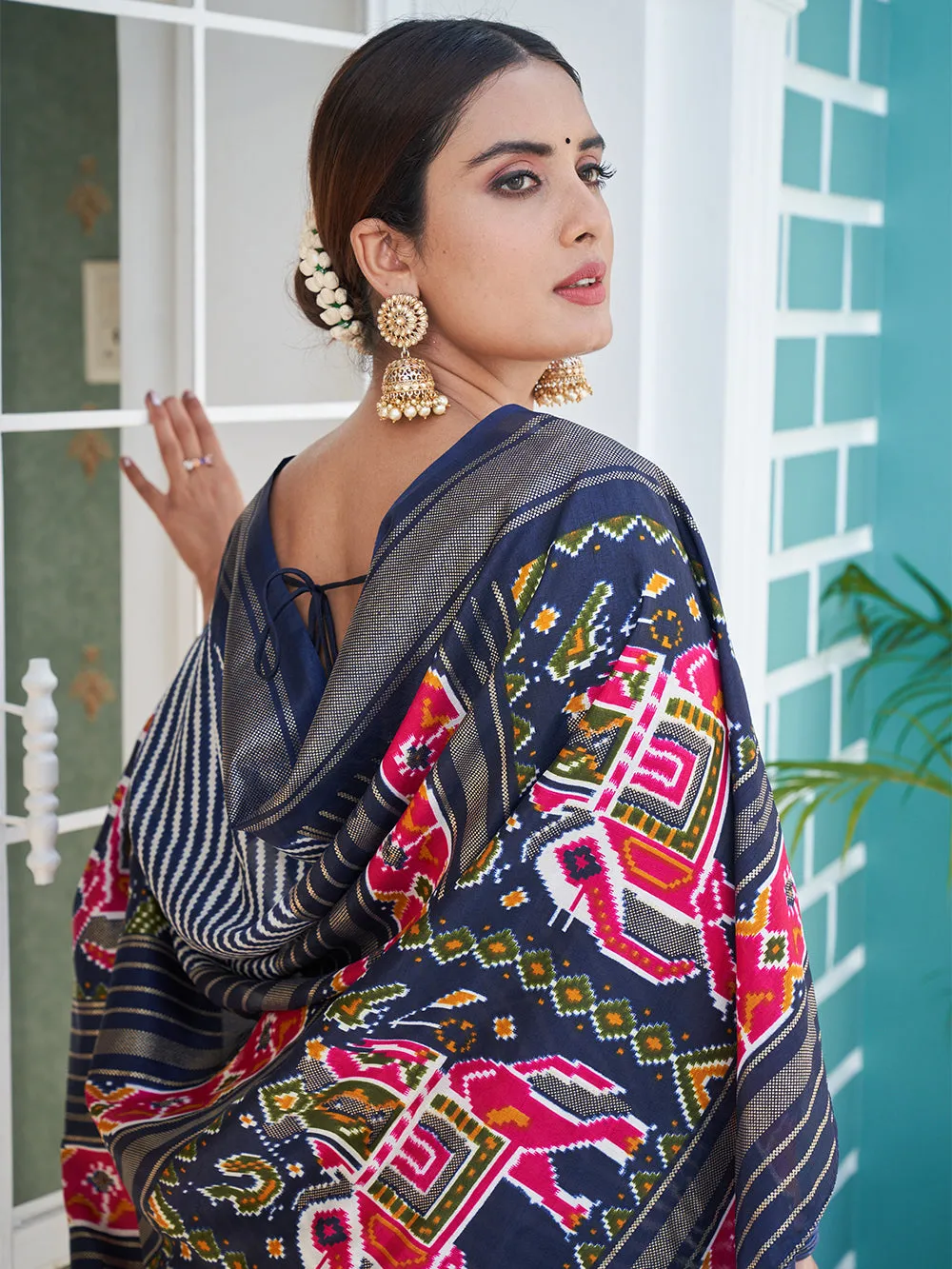 Navy Blue Color Patola & Foil Printed Dola Silk Saree