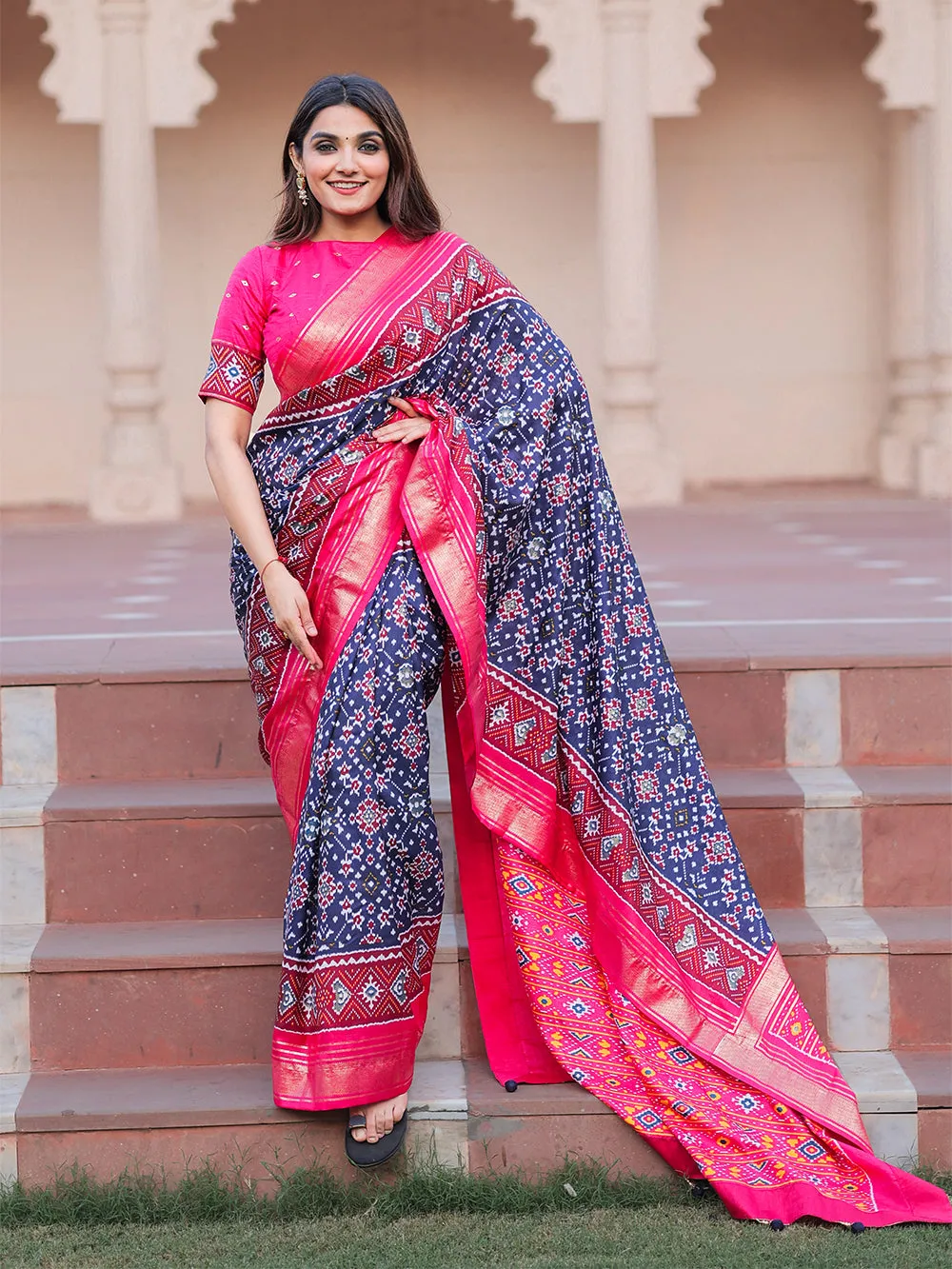 Navy Blue Color Patola with Foil Printed Dola Silk Saree