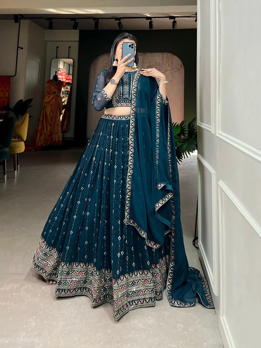 Navy Blue Color Sequins And Thread Embroidery Work Georgette Lehenga Choli