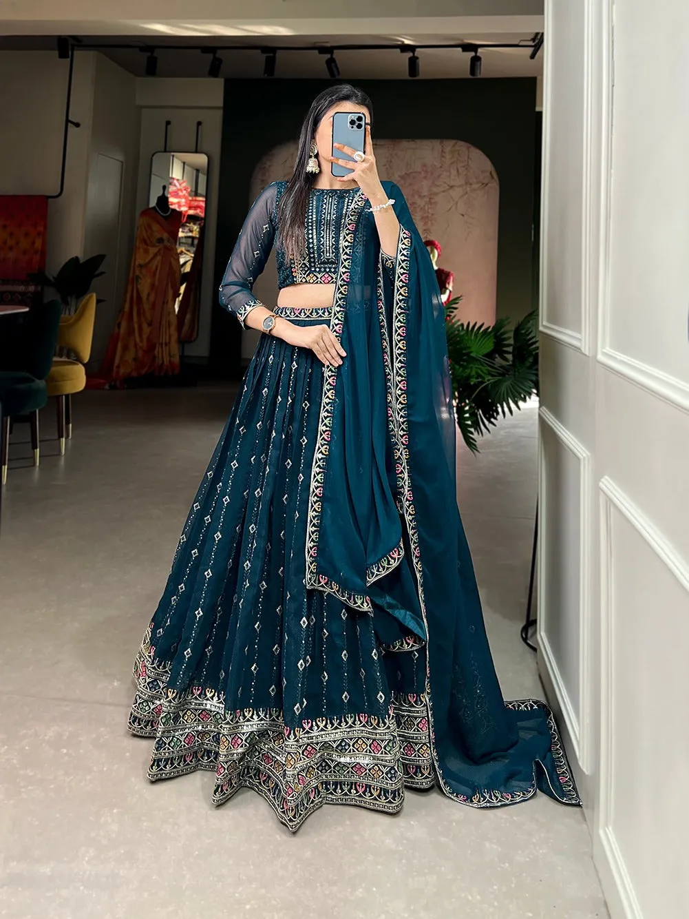 Navy Blue Color Sequins And Thread Embroidery Work Georgette Lehenga Choli