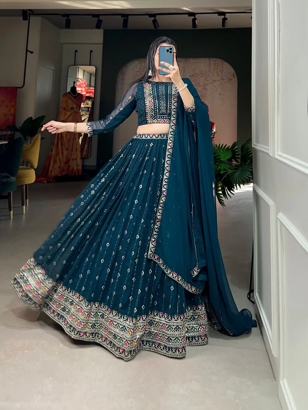 Navy Blue Color Sequins And Thread Embroidery Work Georgette Lehenga Choli