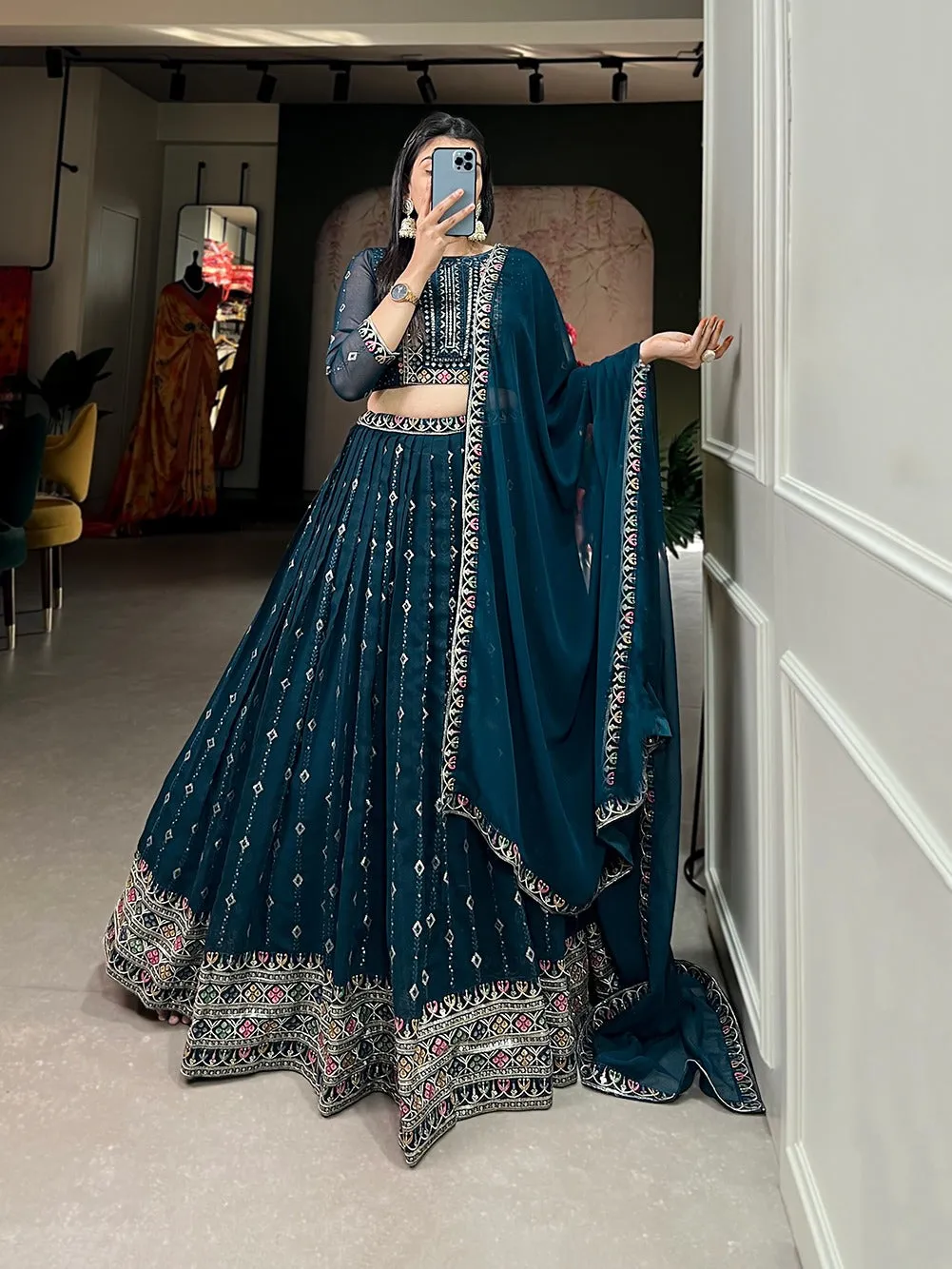 Navy Blue Color Sequins And Thread Embroidery Work Georgette Lehenga Choli