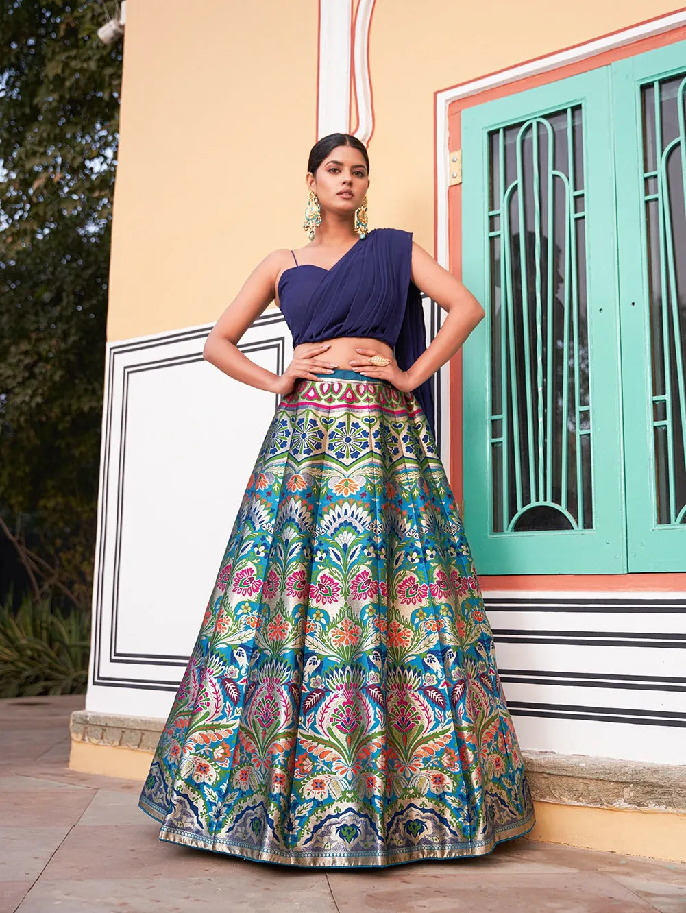 Navy Blue Color Zari Weaving Work Banarasi Silk Lehenga Choli