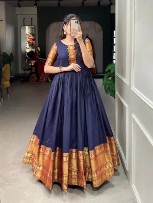 Navy Blue Color Zari Weaving Work Narayan Pet (Cotton) Dress