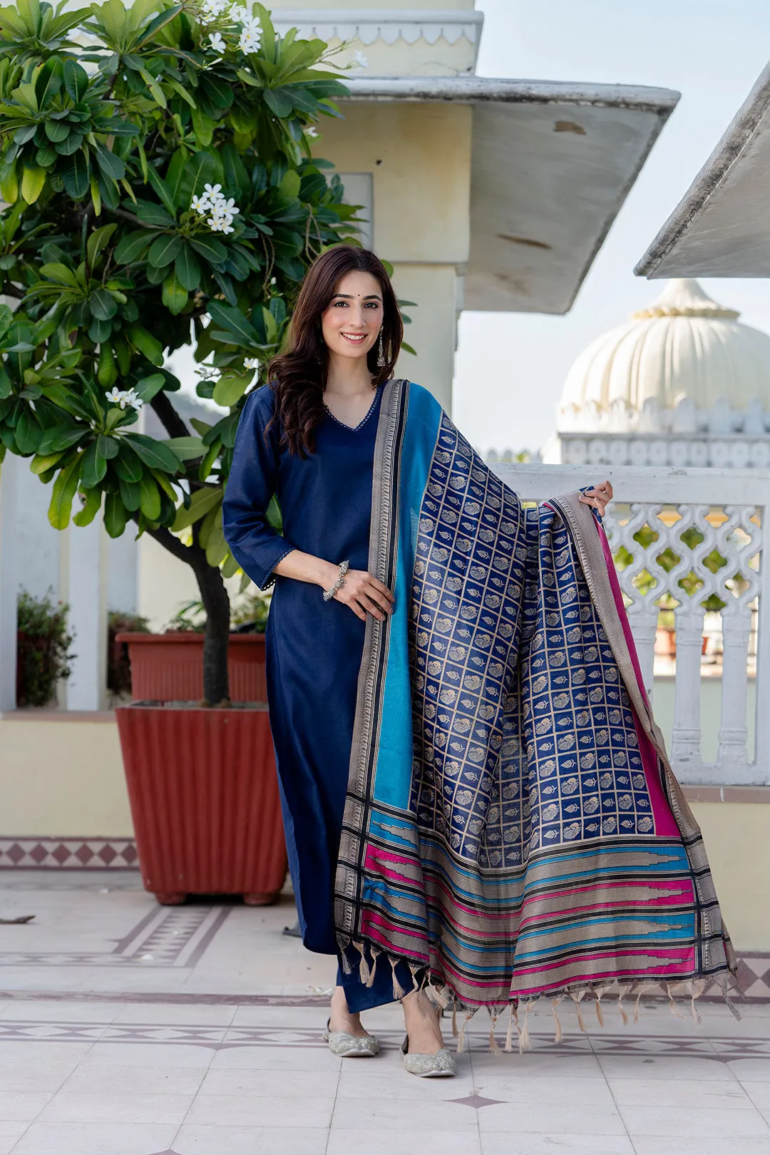 Navy Blue Straight Kurta Set With Printed Dupatta for Women