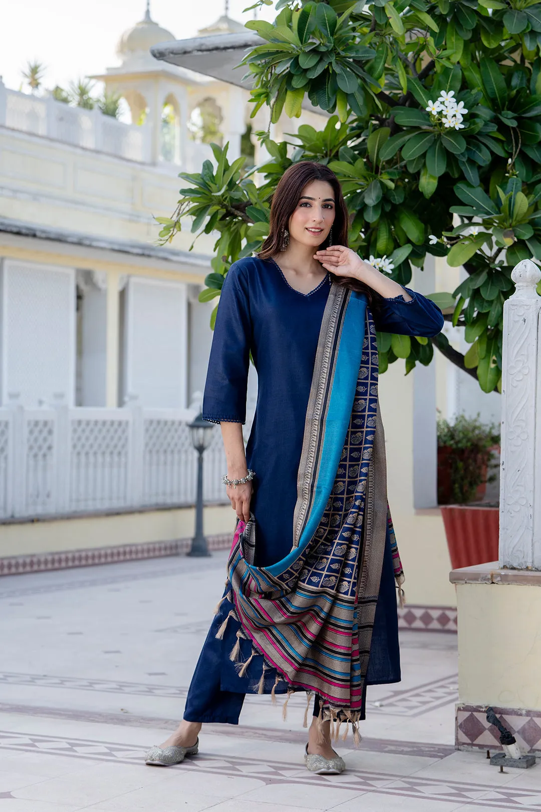 Navy Blue Straight Kurta Set With Printed Dupatta for Women