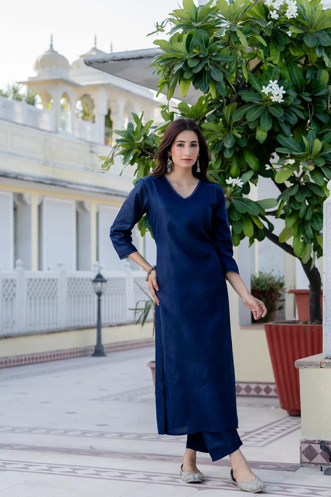 Navy Blue Straight Kurta Set With Printed Dupatta for Women