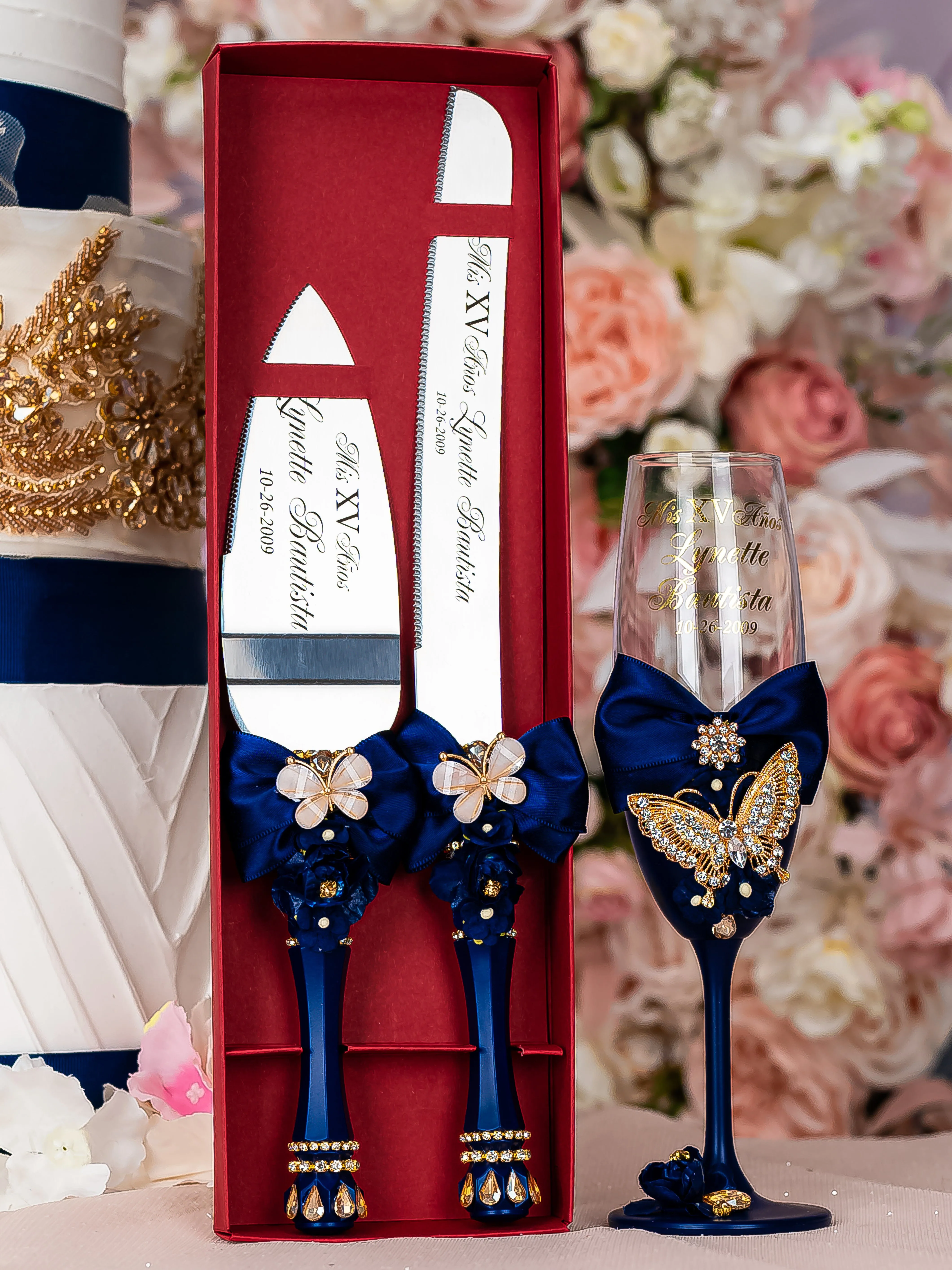 Navy blue with butterflies 1 quinceanera champagne glass