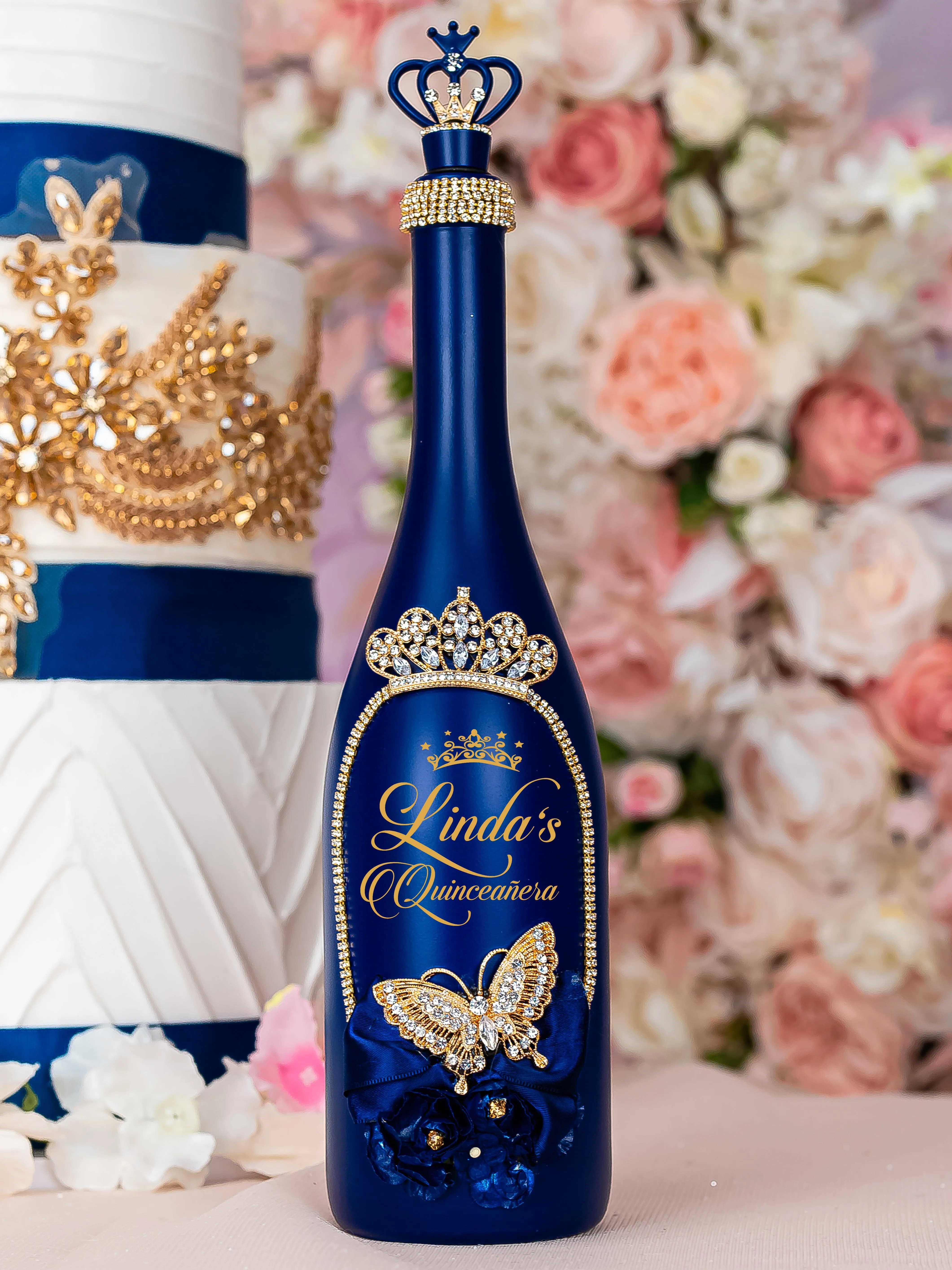 Navy blue with butterflies Quinceanera Bottle with 1 Glass