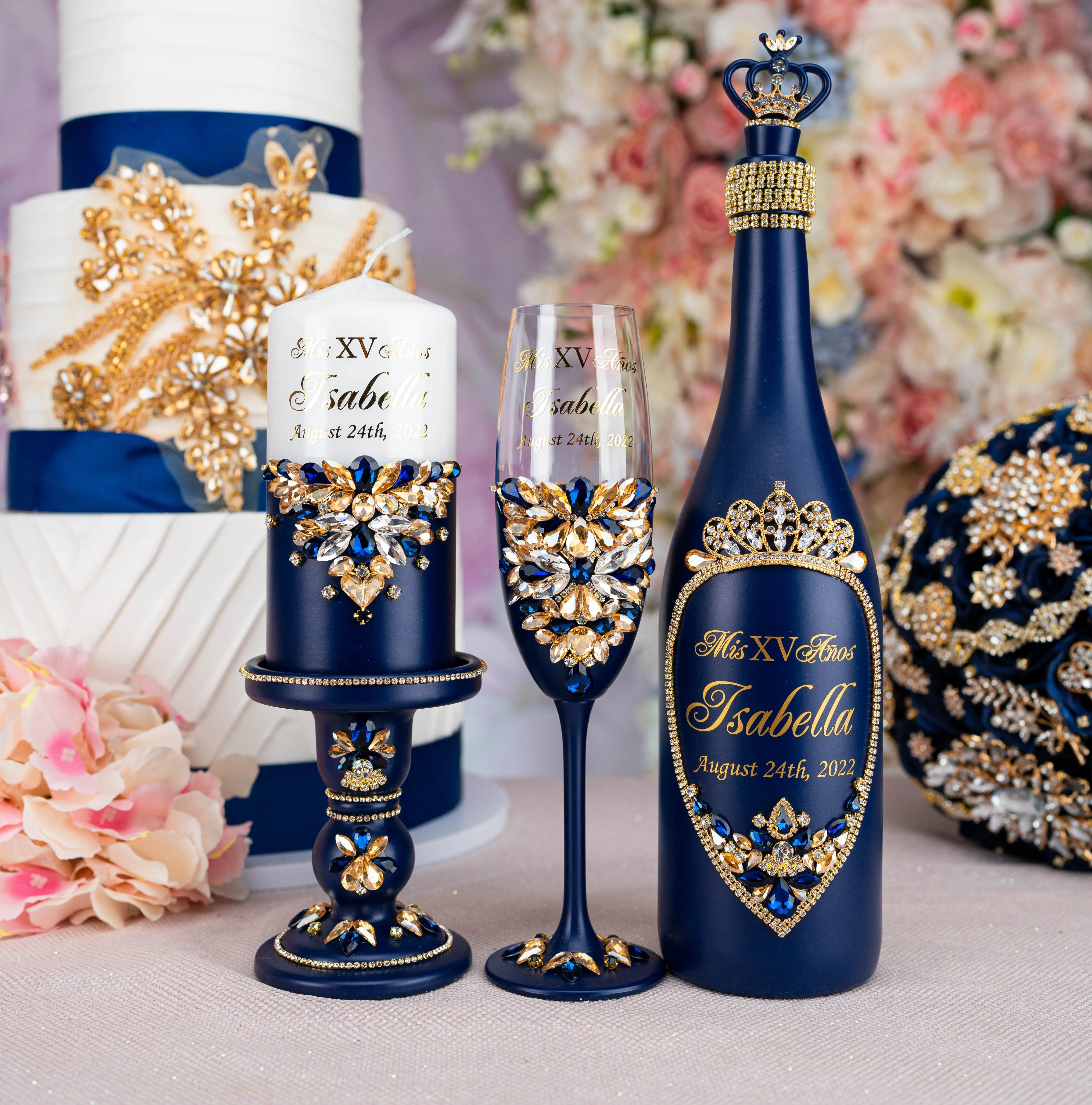 Navy blue with gold 15 candle ceremony for quinceanera