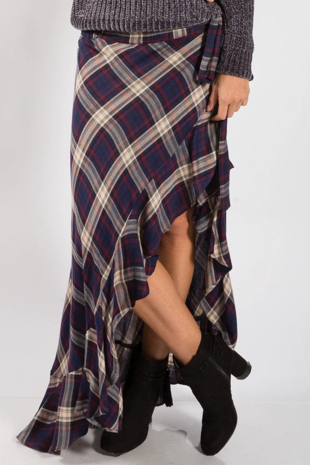 Navy Plaid Ruffled Wrap Skirt