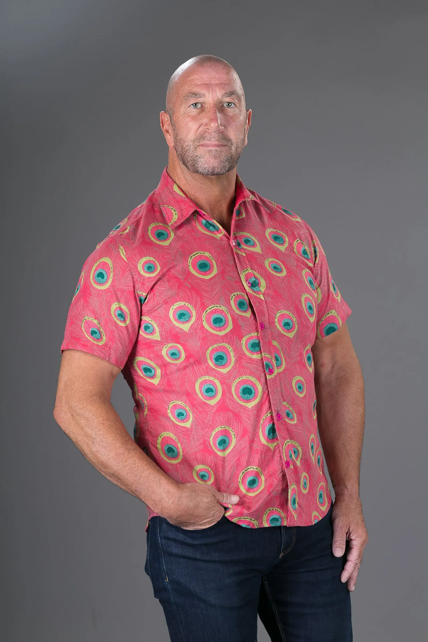 Peacock Print Cotton Slim and Regular Fit Mens Hawaiian Shirt Short Sleeve