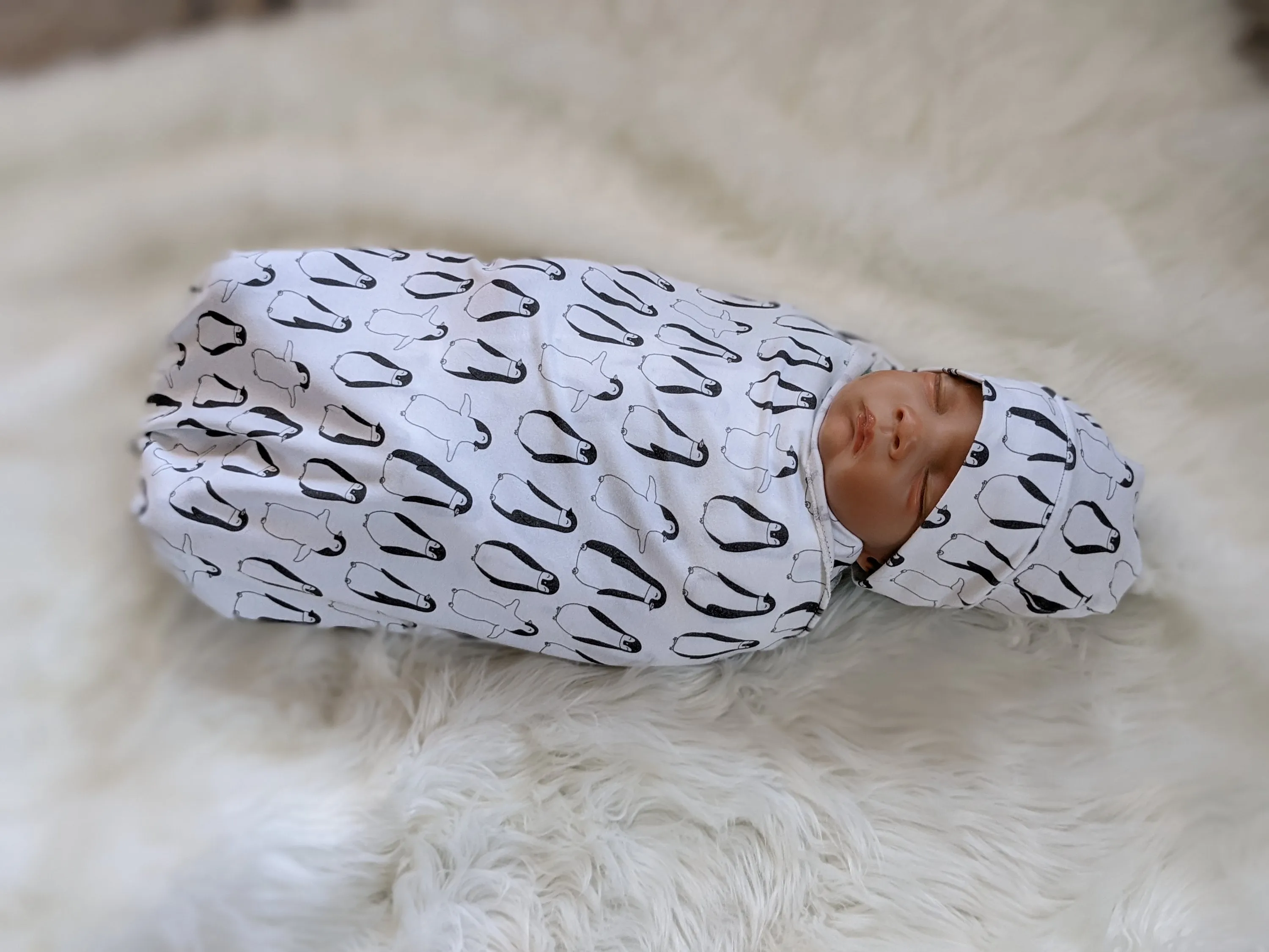 Penguin Baby Blanket and Swaddle Set with Hat or Headband - Black and White Scandi Style