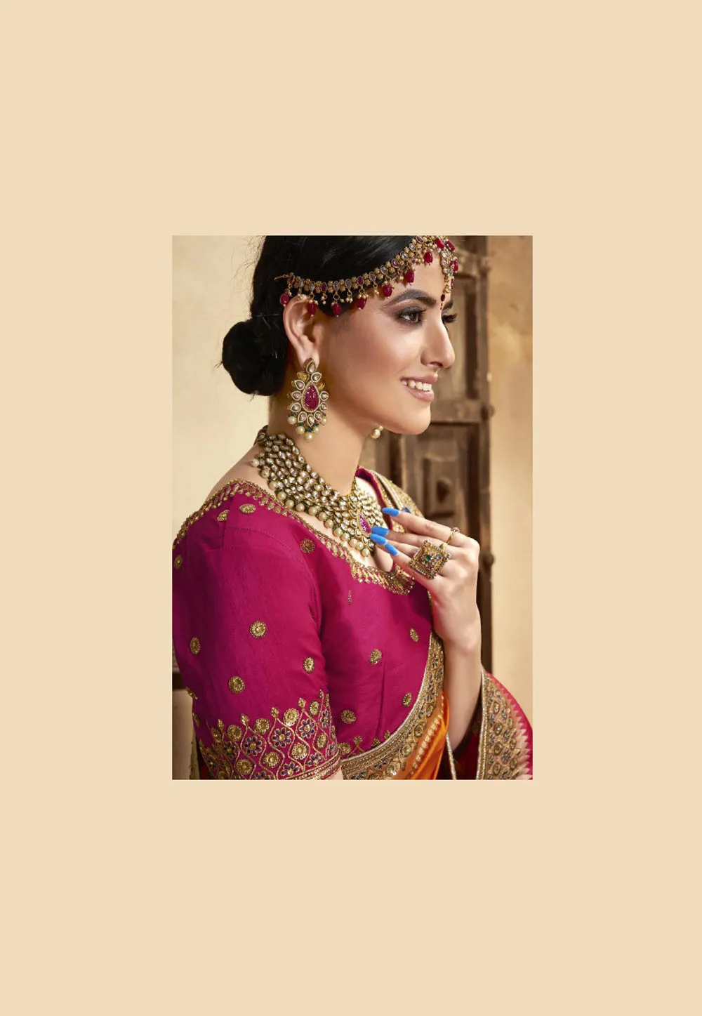 Pink And Orange Embroidered Wedding Saree