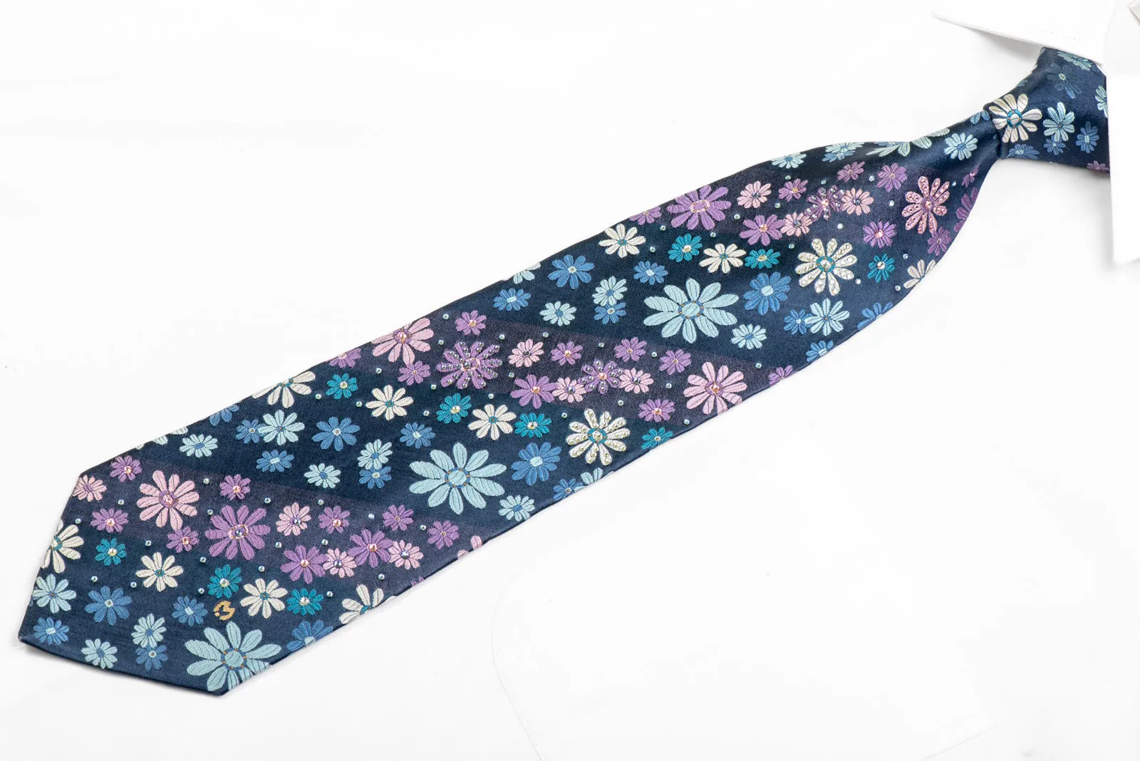 Pink Blue Floral On Blue Rhinestone Silk Necktie With Sparkles