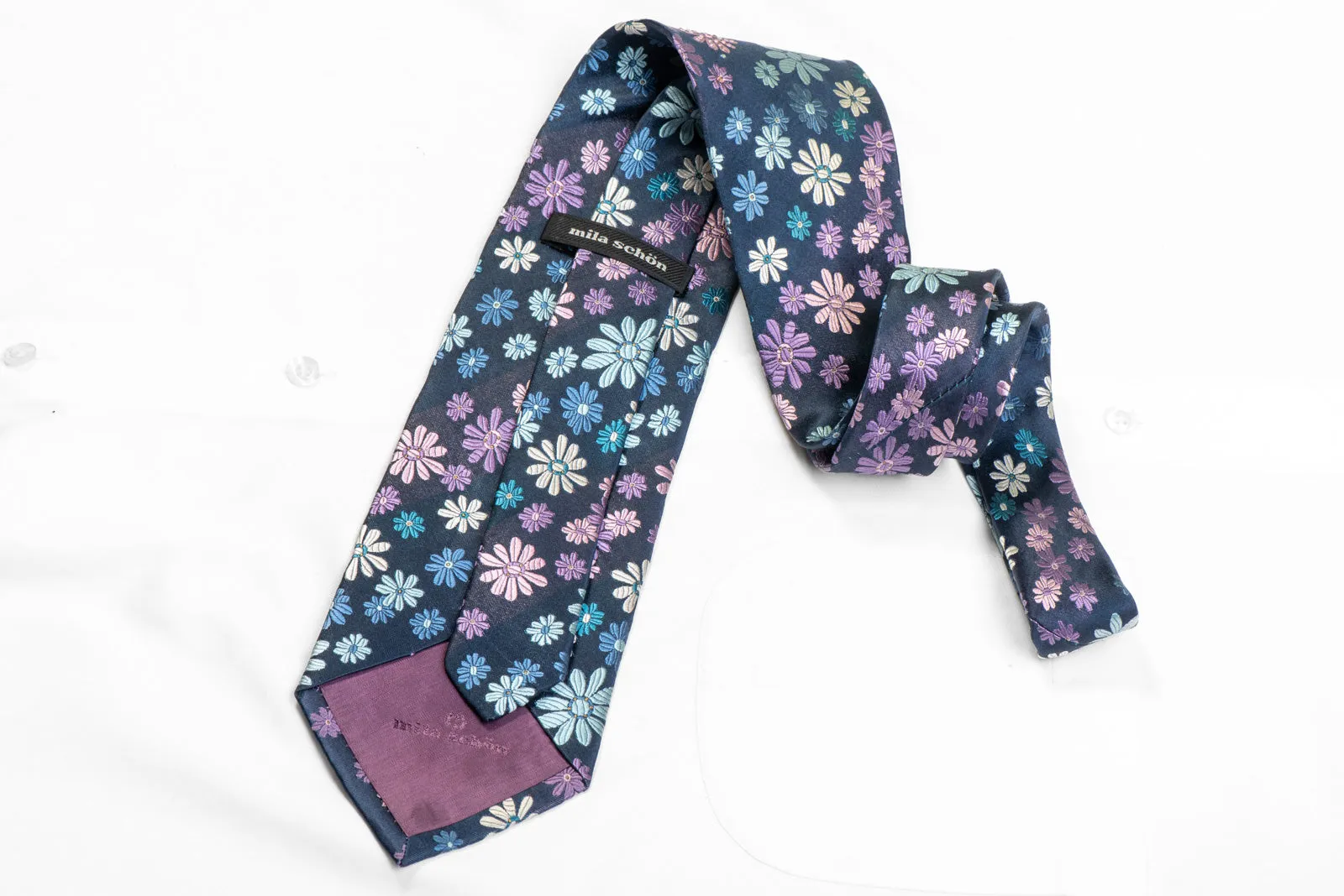 Pink Blue Floral On Blue Rhinestone Silk Necktie With Sparkles