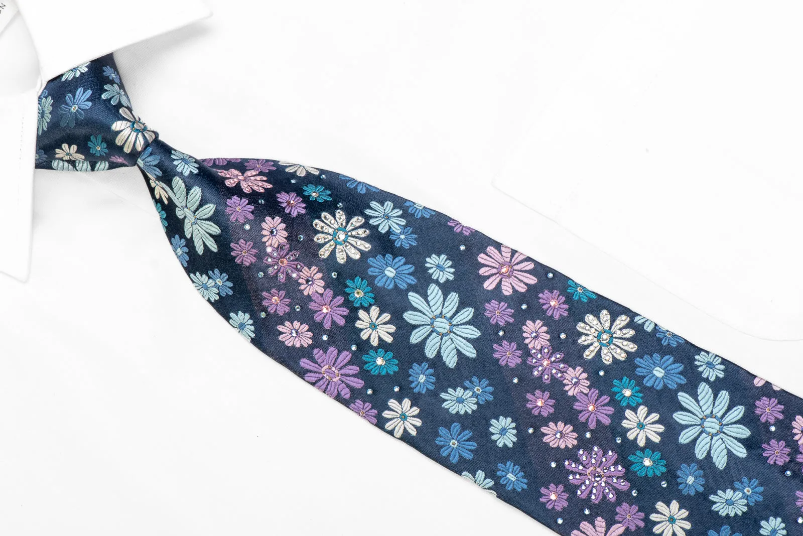 Pink Blue Floral On Blue Rhinestone Silk Necktie With Sparkles