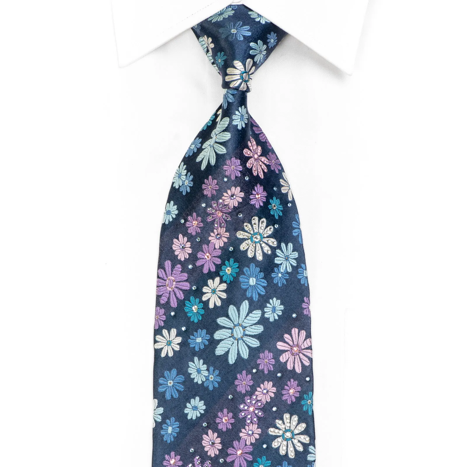 Pink Blue Floral On Blue Rhinestone Silk Necktie With Sparkles