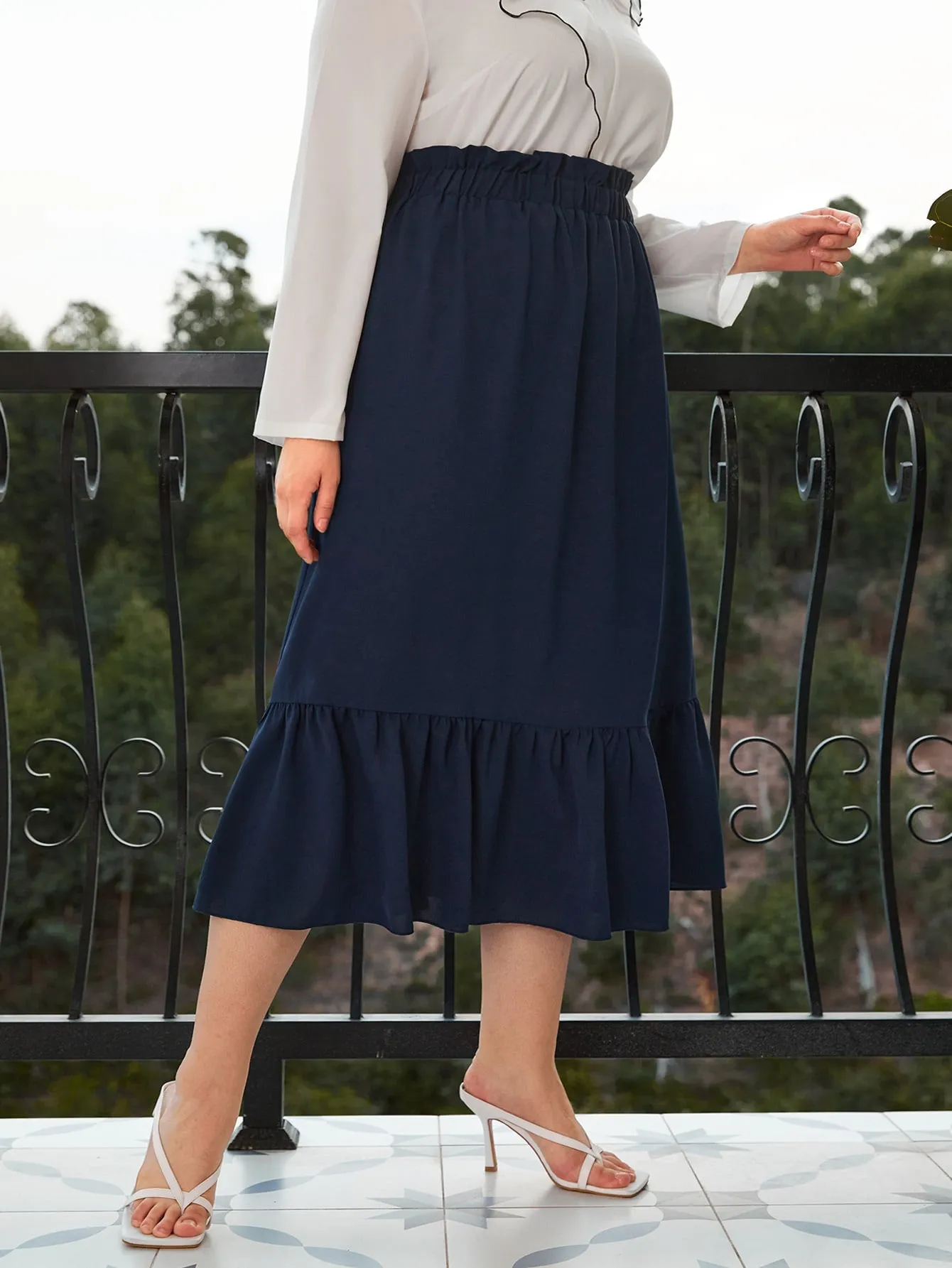 Plain Paper Bag Waist Long Plus Size Skirts