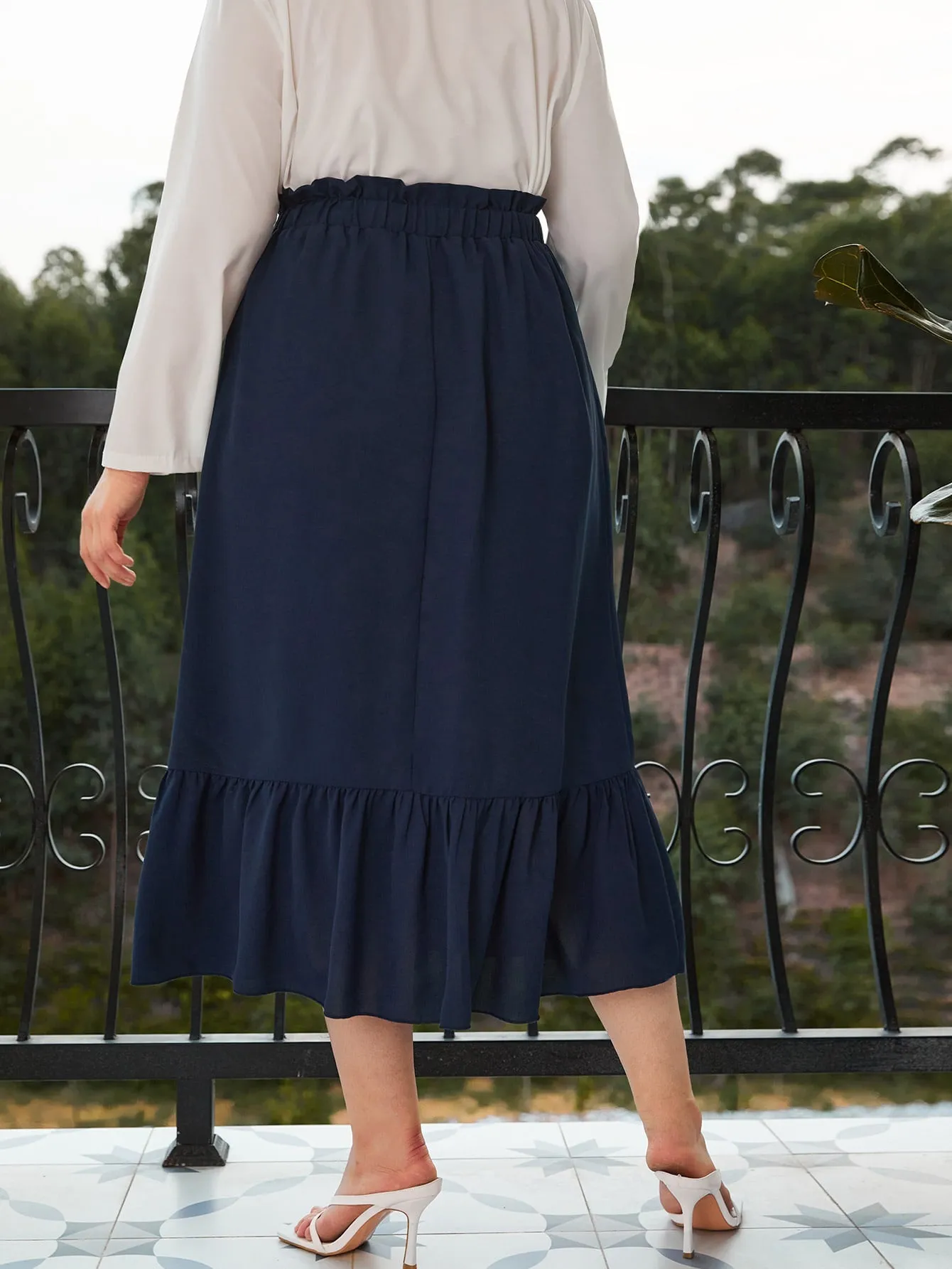 Plain Paper Bag Waist Long Plus Size Skirts