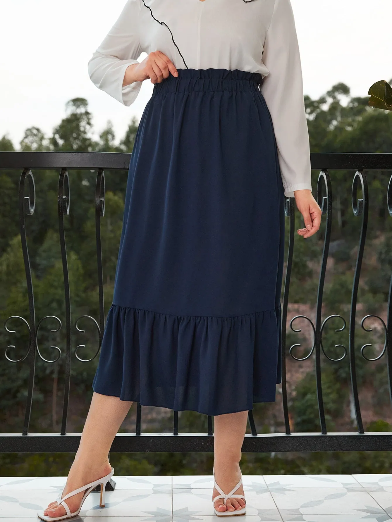 Plain Paper Bag Waist Long Plus Size Skirts