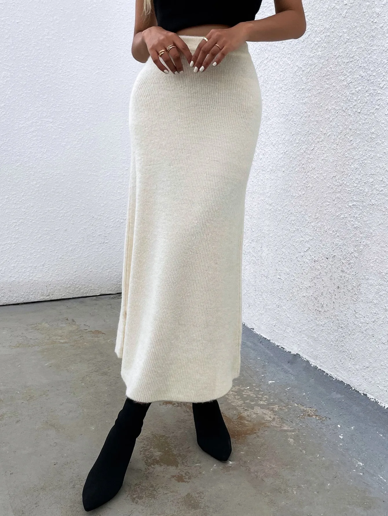 Plain Rib-Knit High Waist Long Women Sweater Skirt