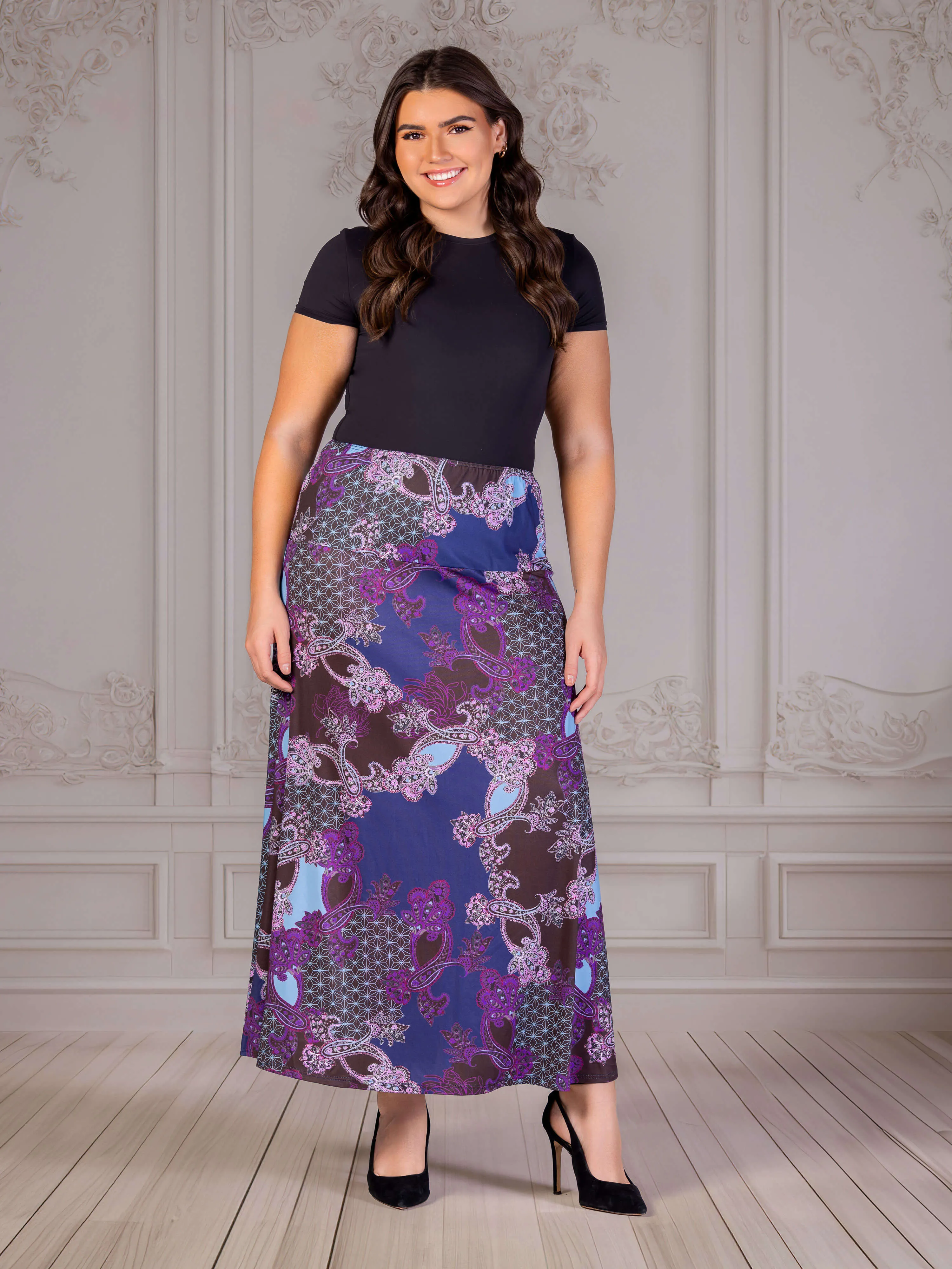 Plus Size Purple Paisley Print Elastic Waist A Line Maxi Skirt