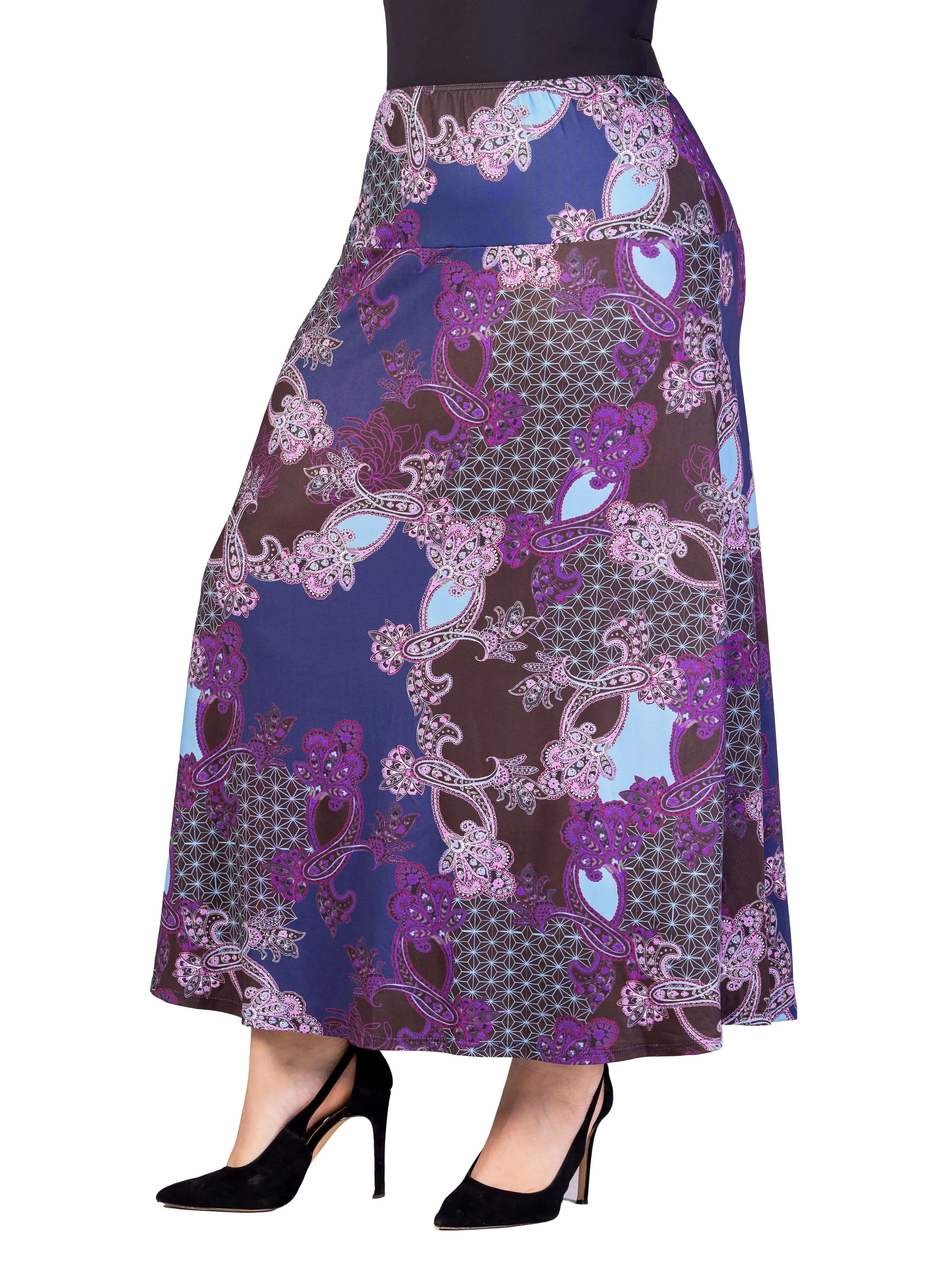 Plus Size Purple Paisley Print Elastic Waist A Line Maxi Skirt