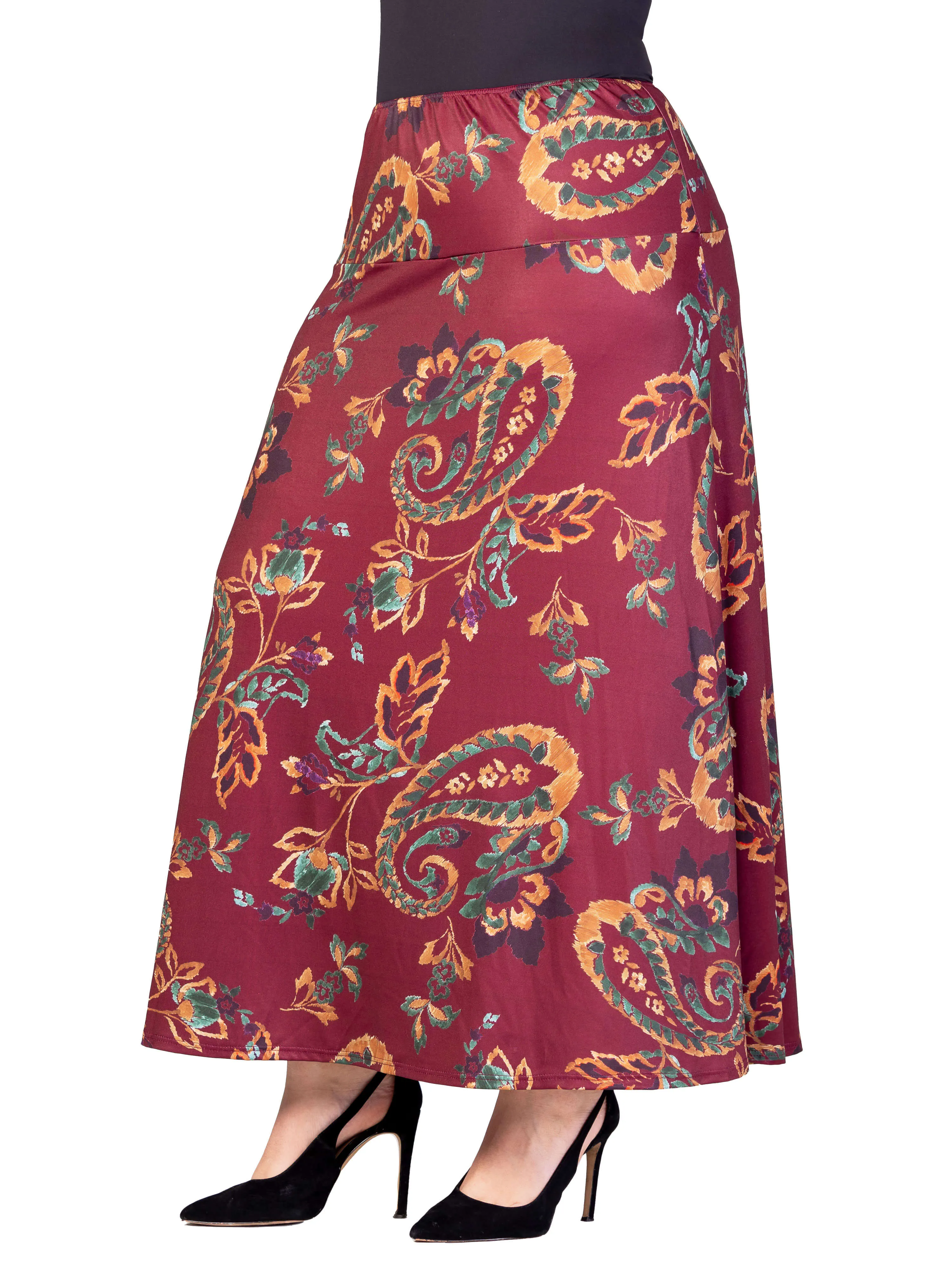 Plus Size Wine Print Elastic Waist A Line Maxi Skirt