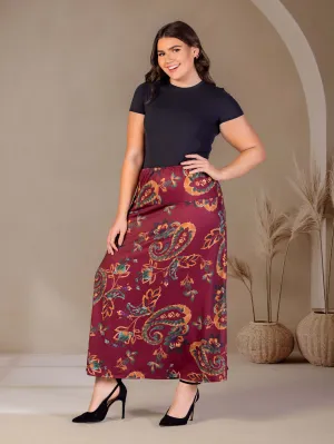 Plus Size Wine Print Elastic Waist A Line Maxi Skirt