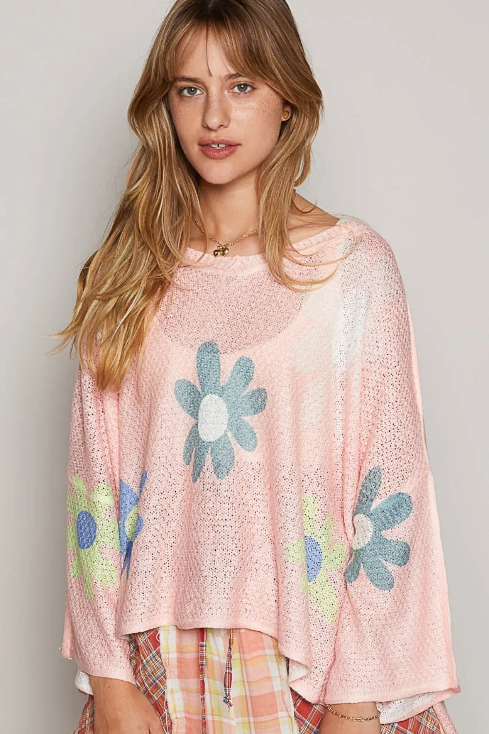 POL Flower Dropped Shoulder Long Sleeve Knit Top